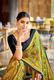 Yellow Original Semi Gajji Silk Saree with Ajrakh Print Border & Rich Pallu