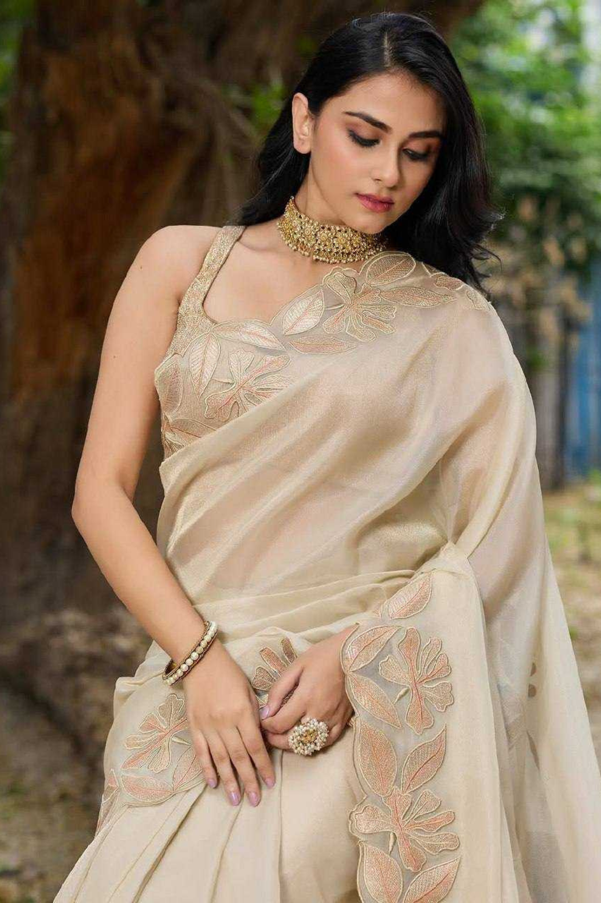 Pure Organza Silk Saree with Designer Arco Cut Border & Sequins Embroidery Work