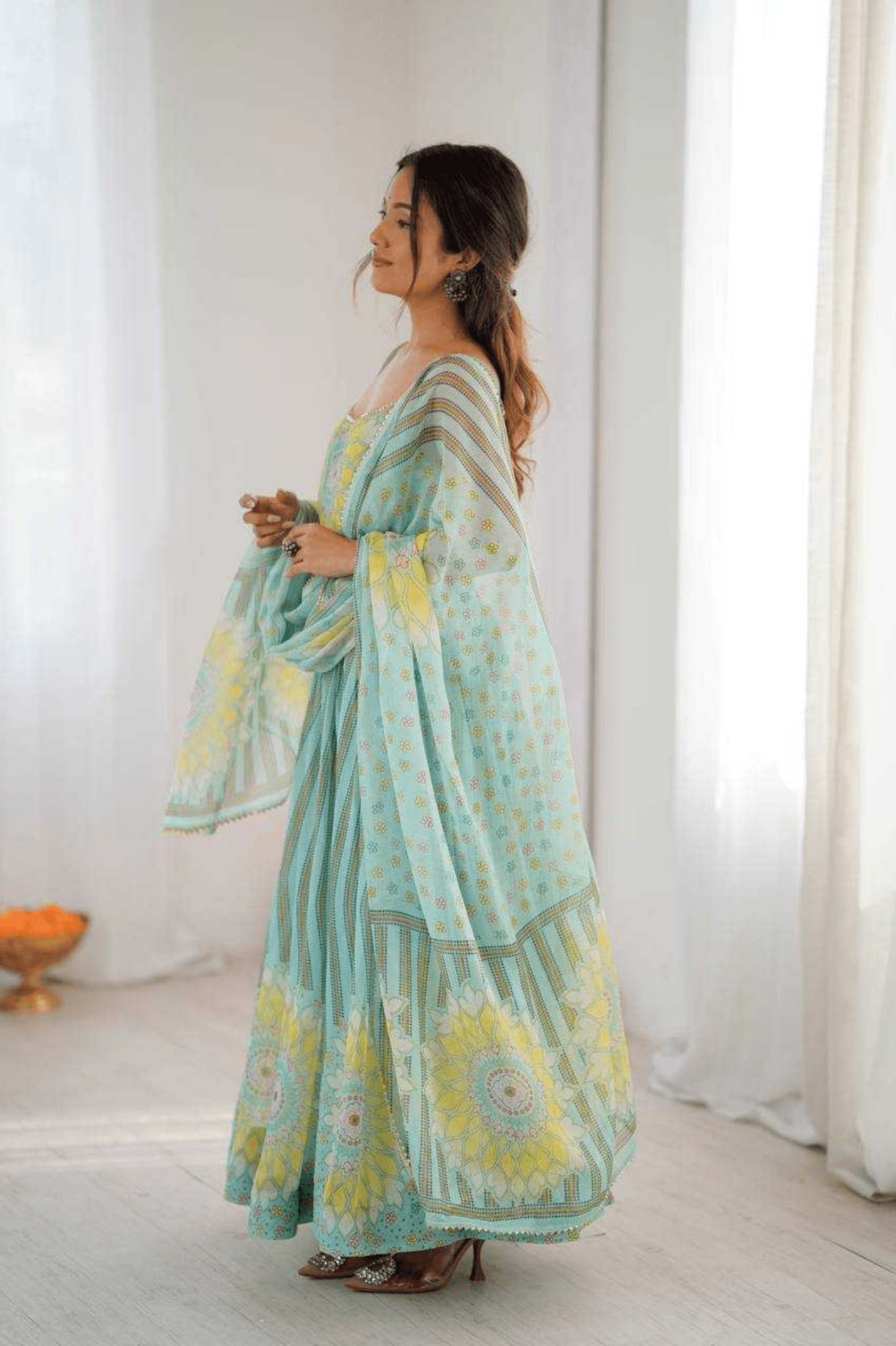 Aqua Blue Sunflower Lehriya Printed Fox Georgette Anarkali Suit Set - kavyo.in