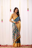 Soft Lichi Silk Saree with Tribal Art Print & Luxurious Gold Zari Border