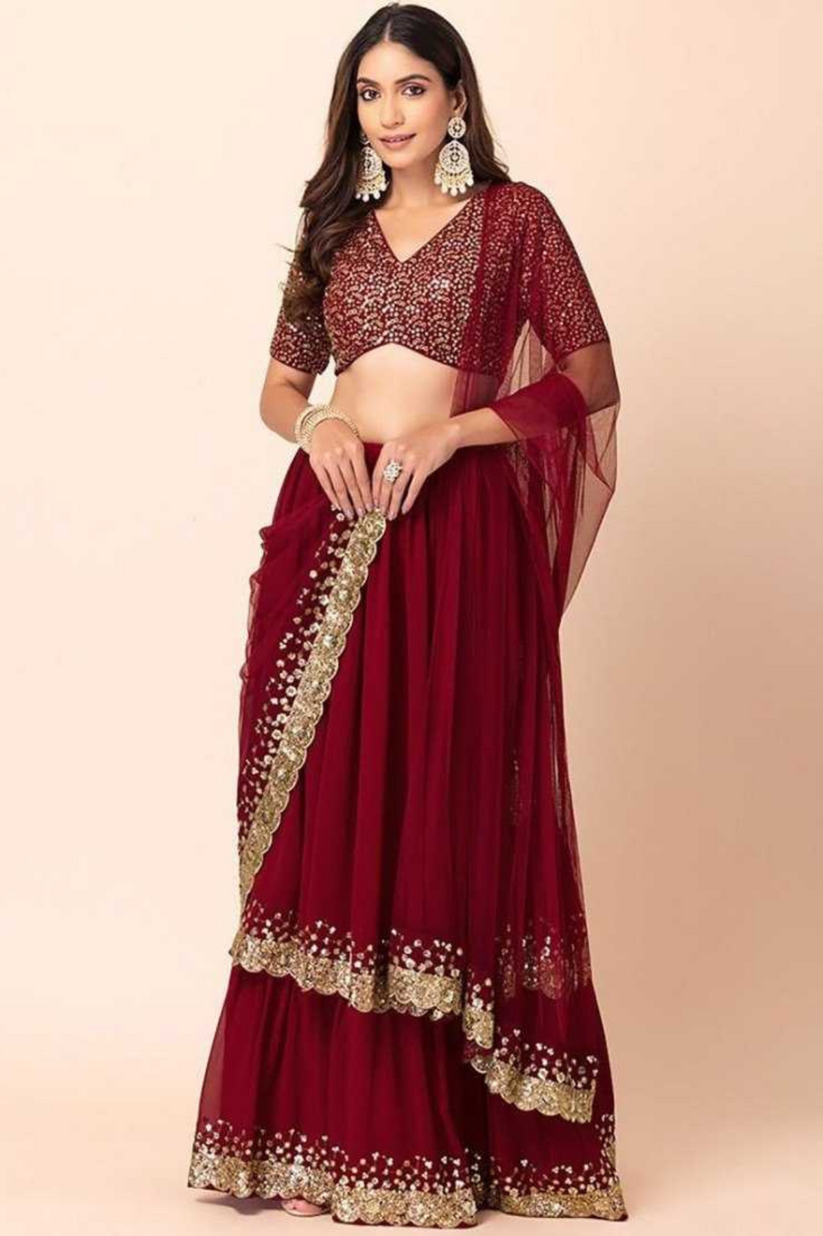 Emerald Red Georgette Lehenga Choli with Dupatta
