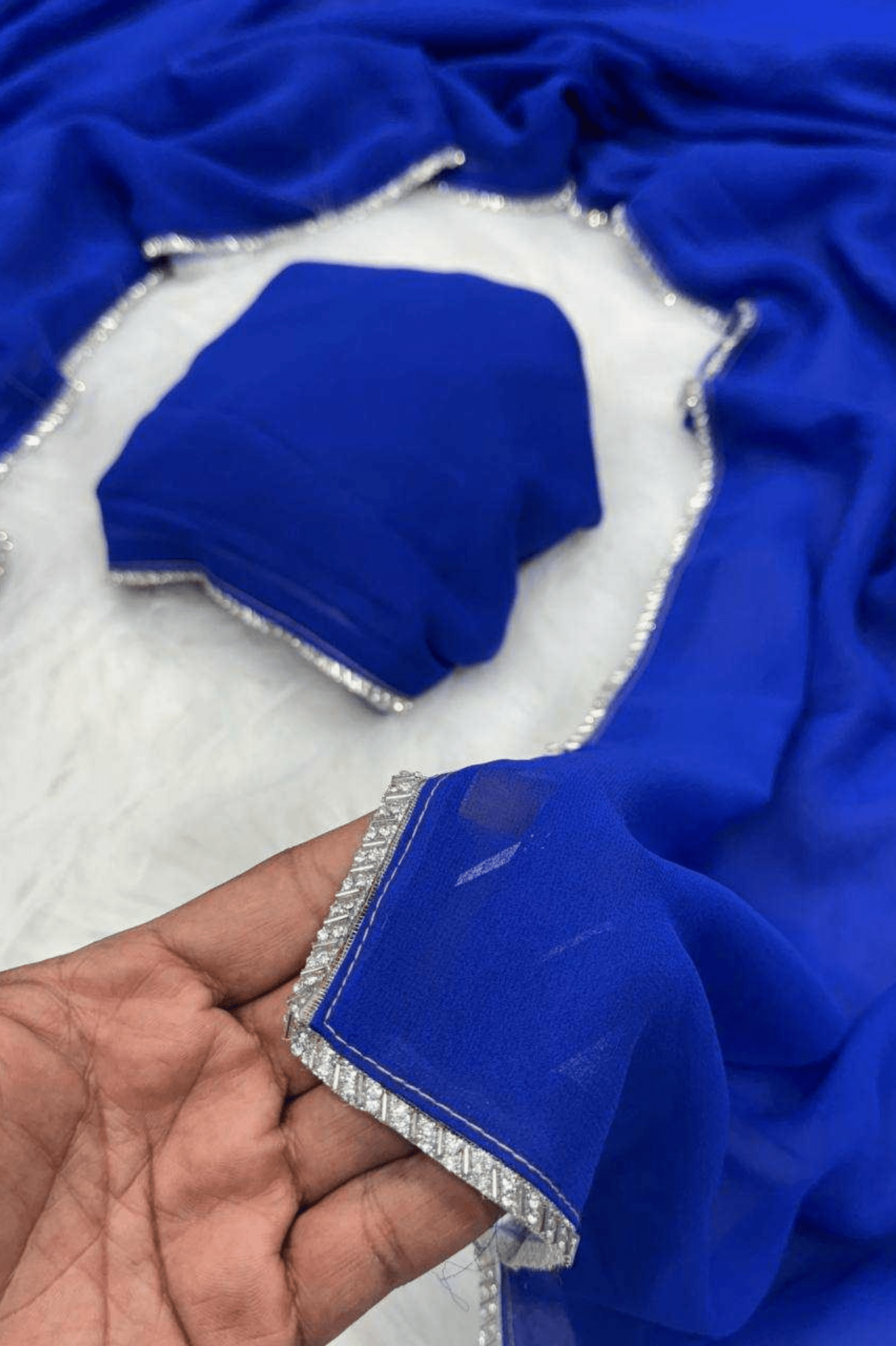 Royal Blue Faux Georgette Saree with Zarkhan Diamond Border - kavyo.in