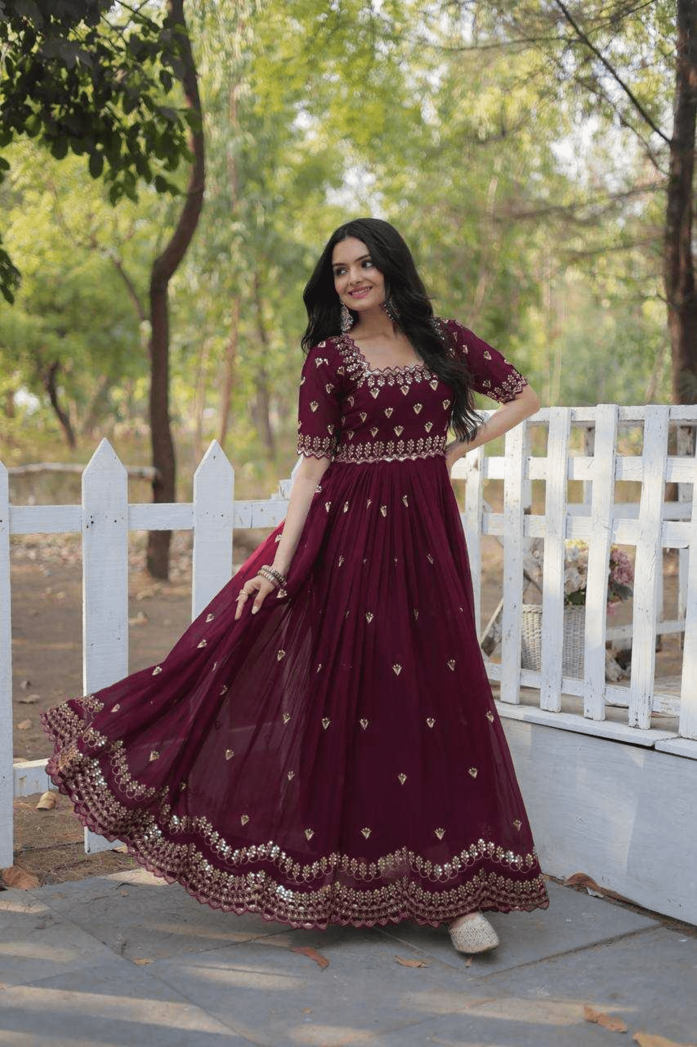 Wine Georgette Blooming Anarkali Gown with Zari & Sequins - kavyo.in