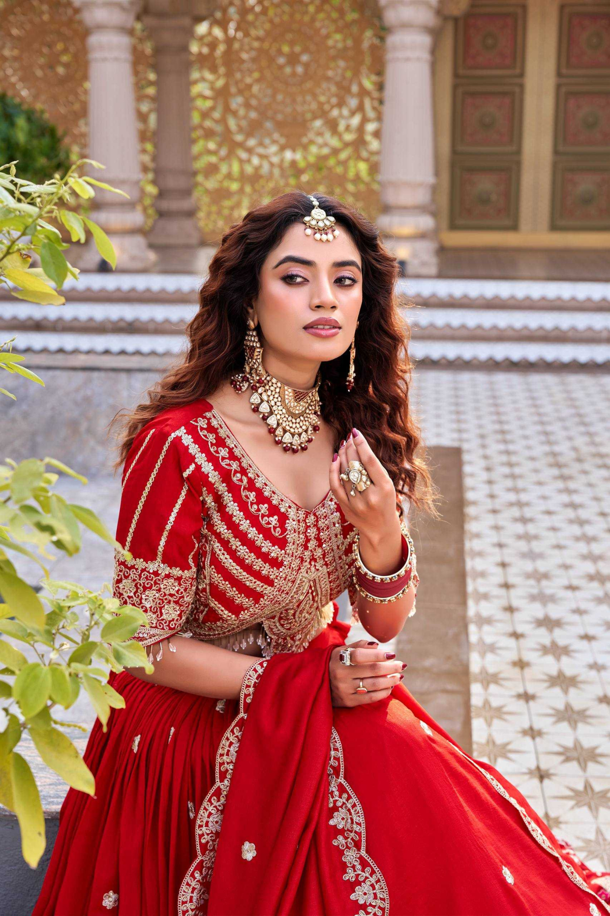 Royal Mughal Embroidered Vichitra Silk Lehenga Choli Set with Dupatta