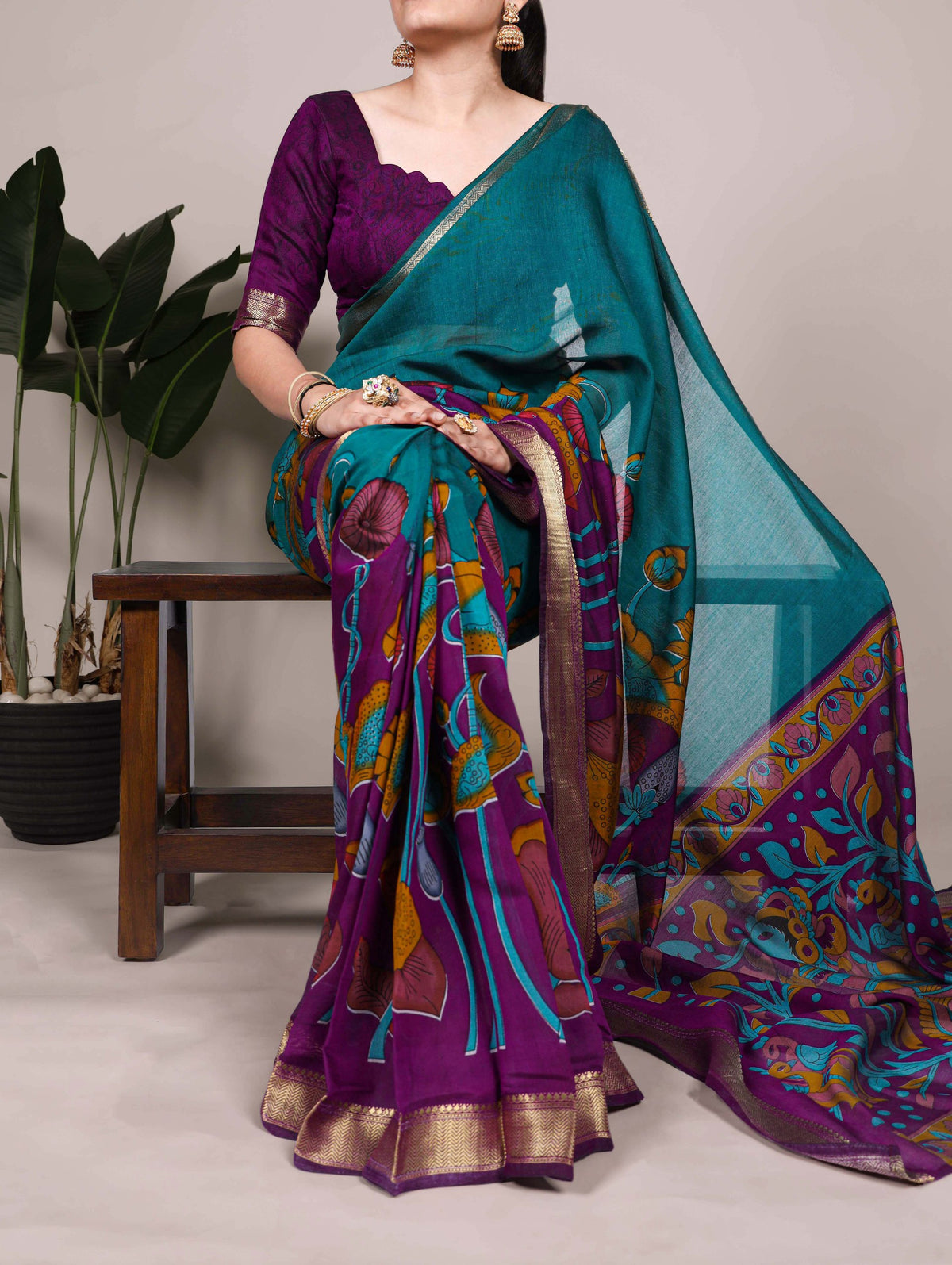 Teal Viscose Chanderi Saree