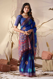 Royal Blue Soft Georgette Saree with Multicolor Geometric Digital Print & Tassel Pallu
