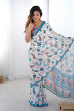 Elegant White Chinnon Saree with Kutchi Mirror Work