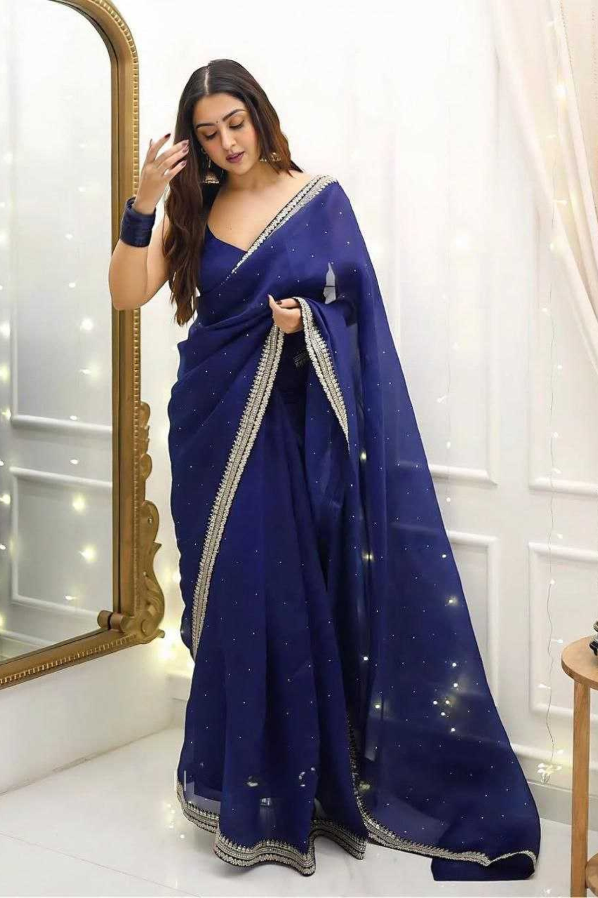 Royal Blue Organza Silk Saree with Thread, Sequin & Diamond Work