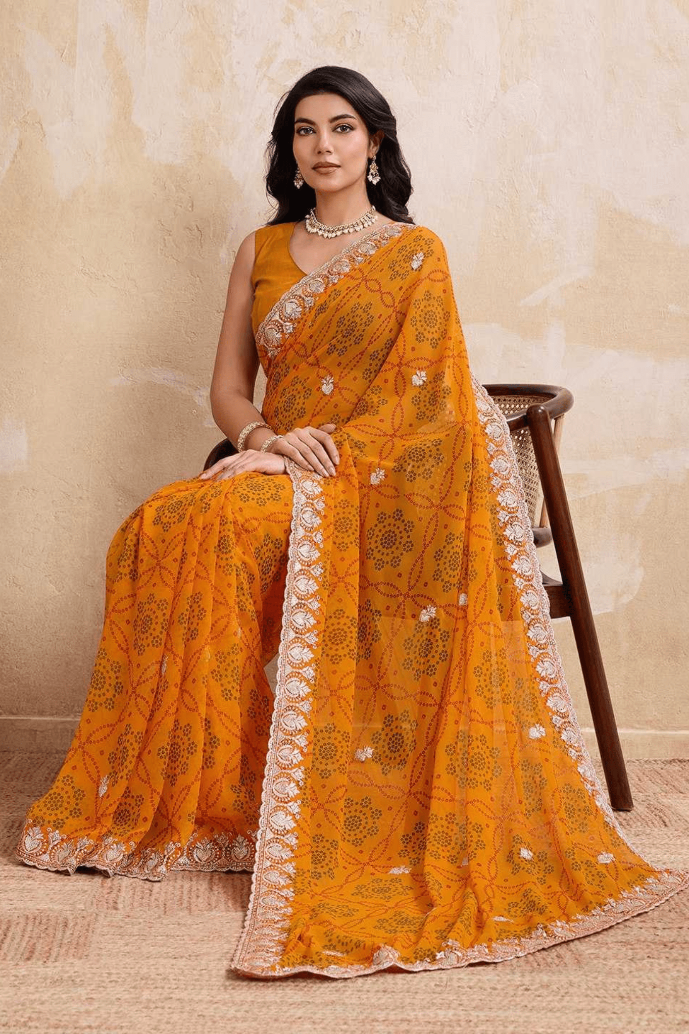 Royal Bandhej Soft Georgette Wedding Saree with Heavy Cutwork Border - kavyo.in