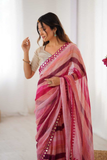 Pink Heavy Smooth Marble Chiffon Leriya Print Saree with Zari Work & Mirror Border