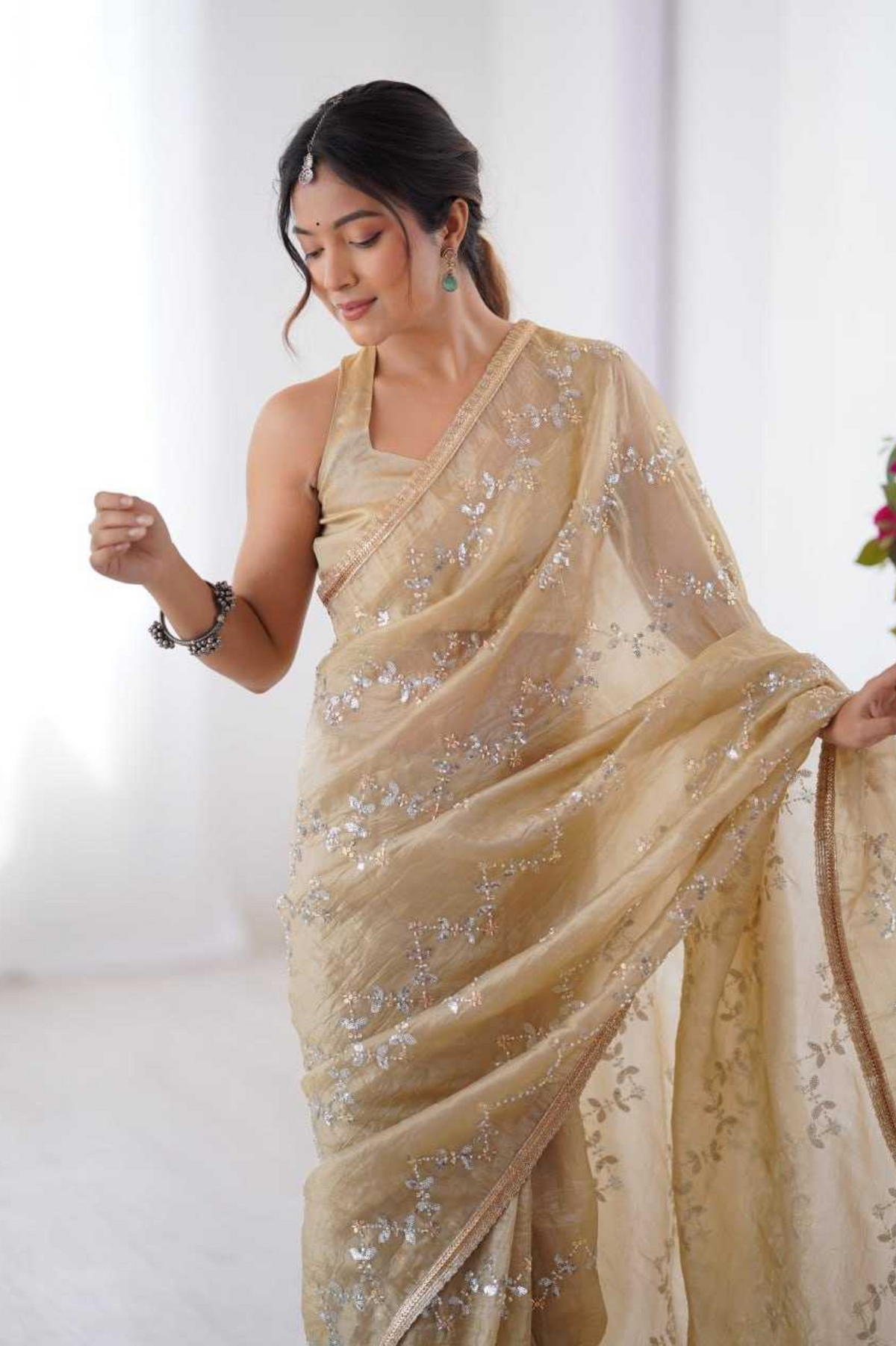 Golden Glam Crush Saree with Moti & ZigZag Sequin Embroidery
