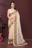 Designer Soft Net Saree with Chikankari Embroidery & Contrast Floral Work Border
