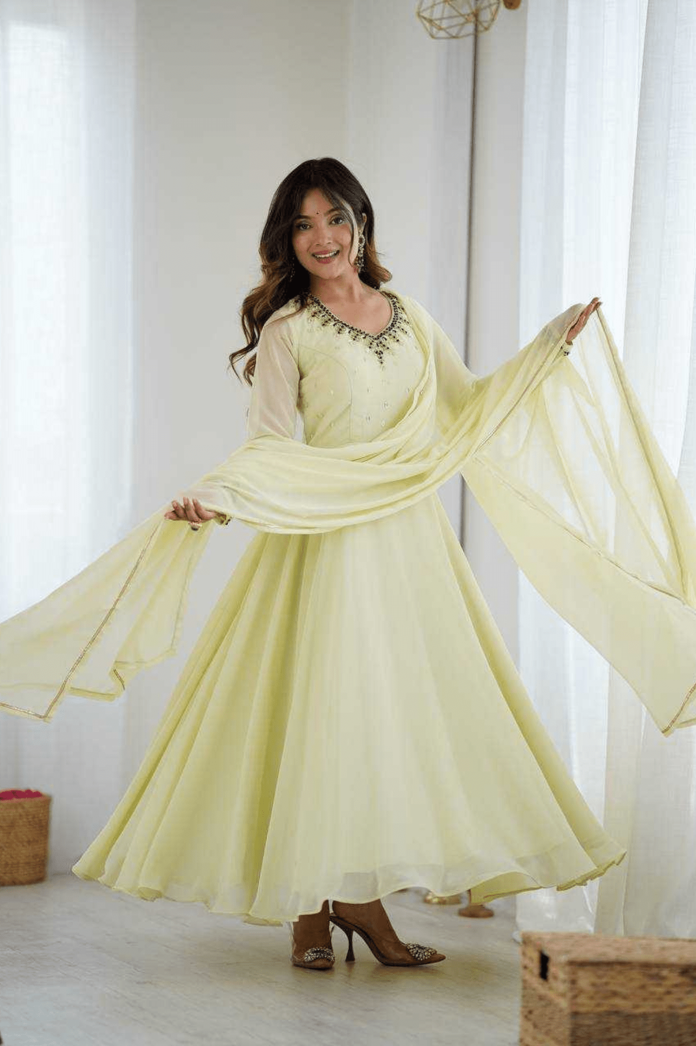 Elegant Lemon Yellow Fox Georgette Handwork Anarkali Suit Set - kavyo.in
