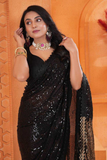 Premium Black Georgette Sequin Saree with Embroidered Lace Border & Banglory Blouse
