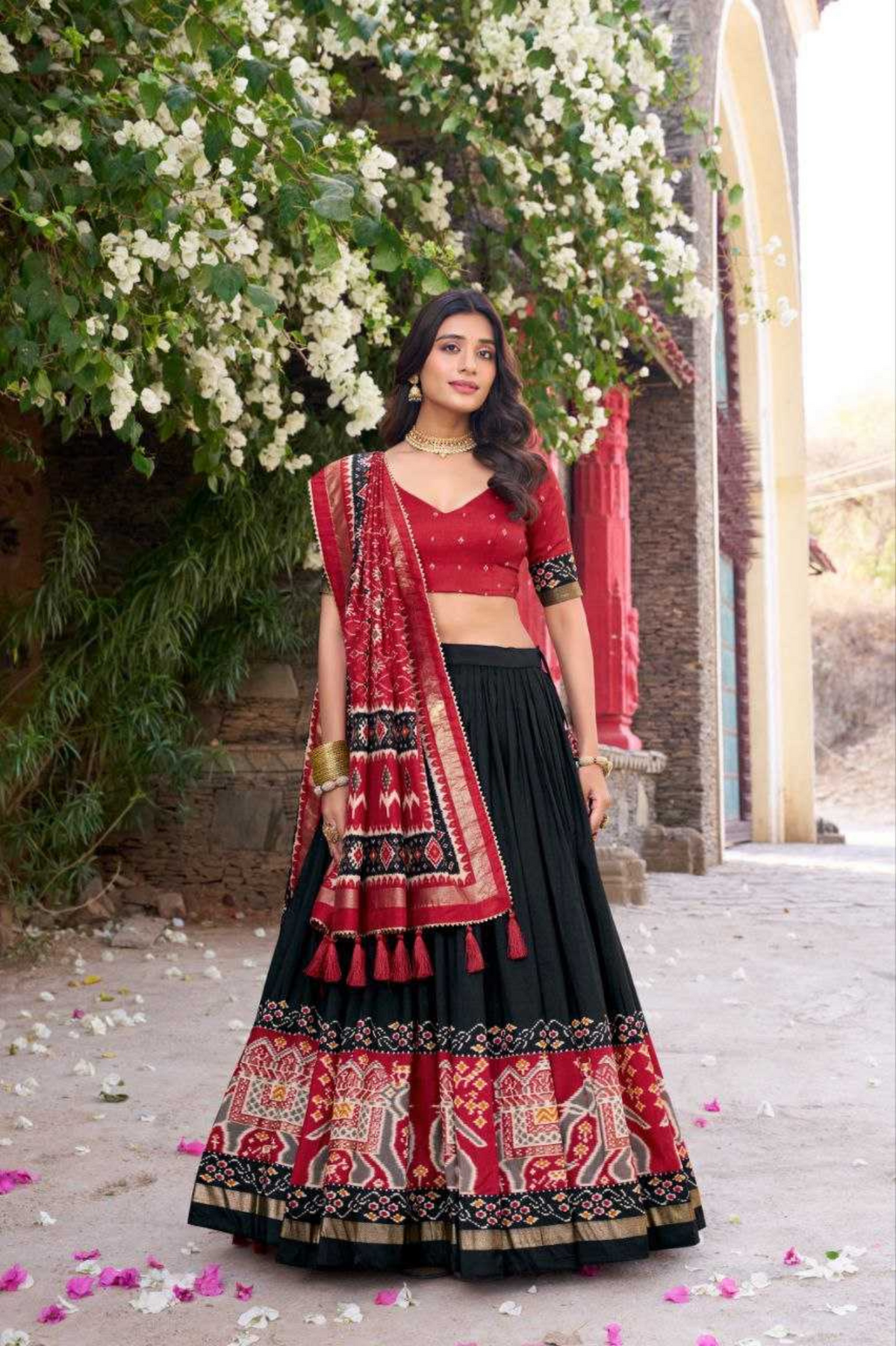 Black Rose Tussar Silk Lehenga Choli with Kashmiri & Foil Print