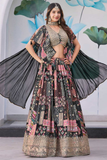 Black Multicolor Patchwork Chinnon Silk Lehenga Choli Set with Choker-Style Chiffon Dupatta