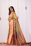Warli Olive Soft Lichi Silk Tribal Art Print Saree
