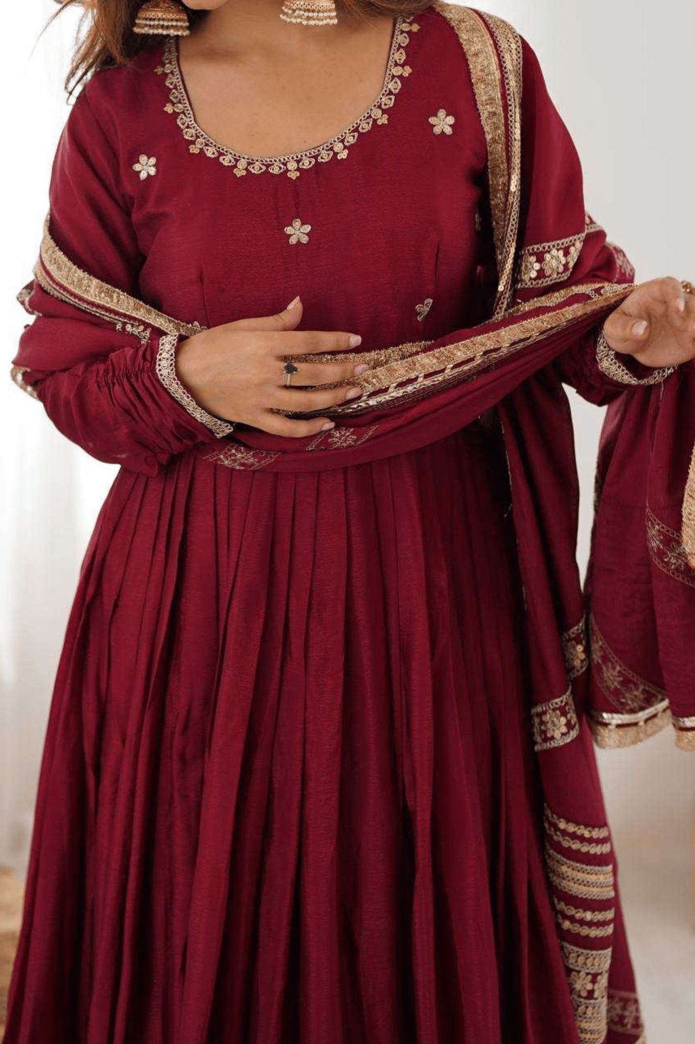 Maroon Chinon Silk Embroidered Anarkali Gown Set with Dupatta - kavyo.in