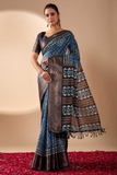 Soft Lichi Silk Saree with Geometric Tribal Digital Print & Rich Zari Border