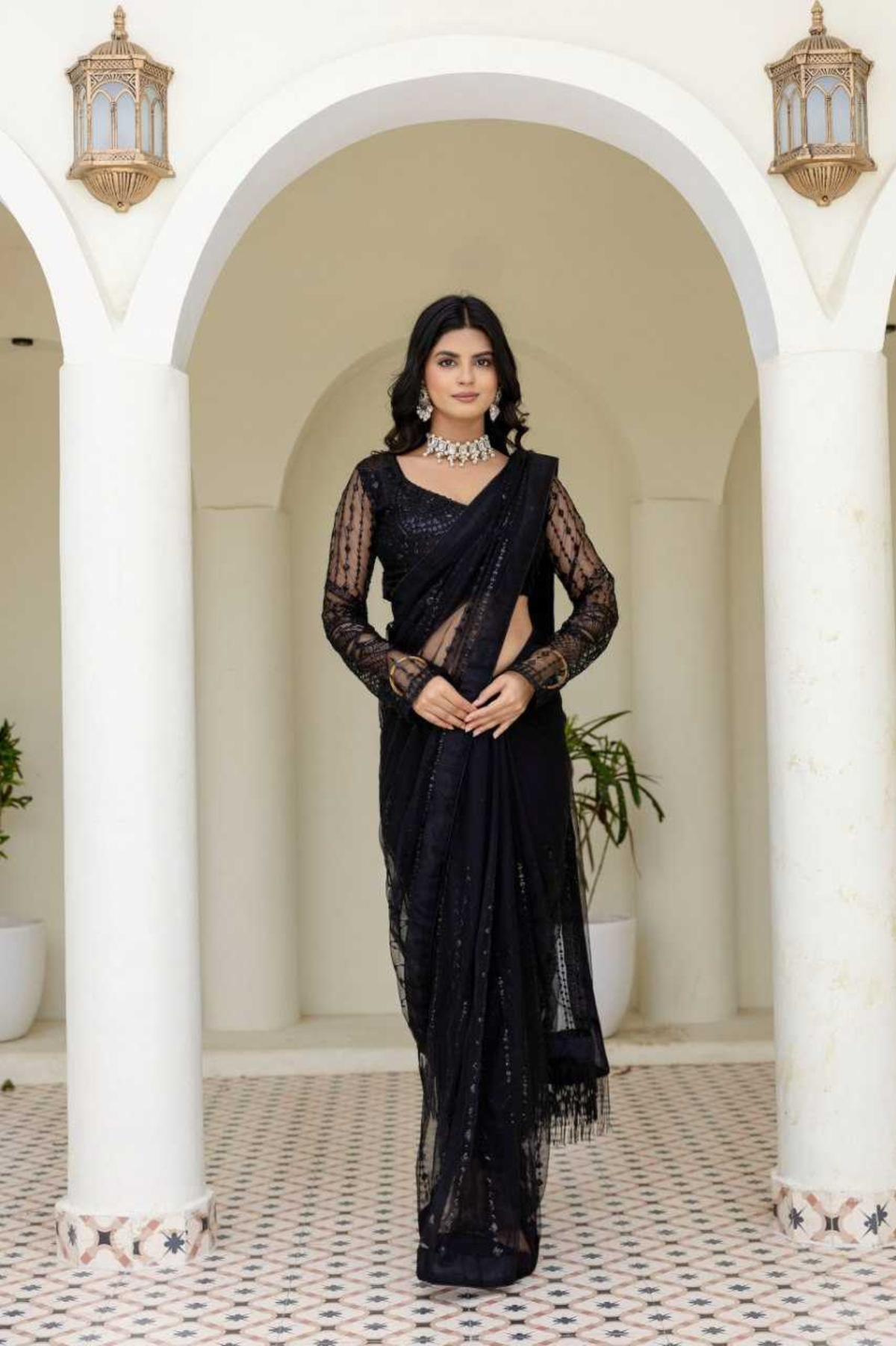 Elegant Black Soft Mono Net Saree with Sequins & Thread Embroidery