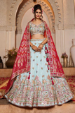 White Tissue Embroidered Lehenga Choli with Red Dupatta