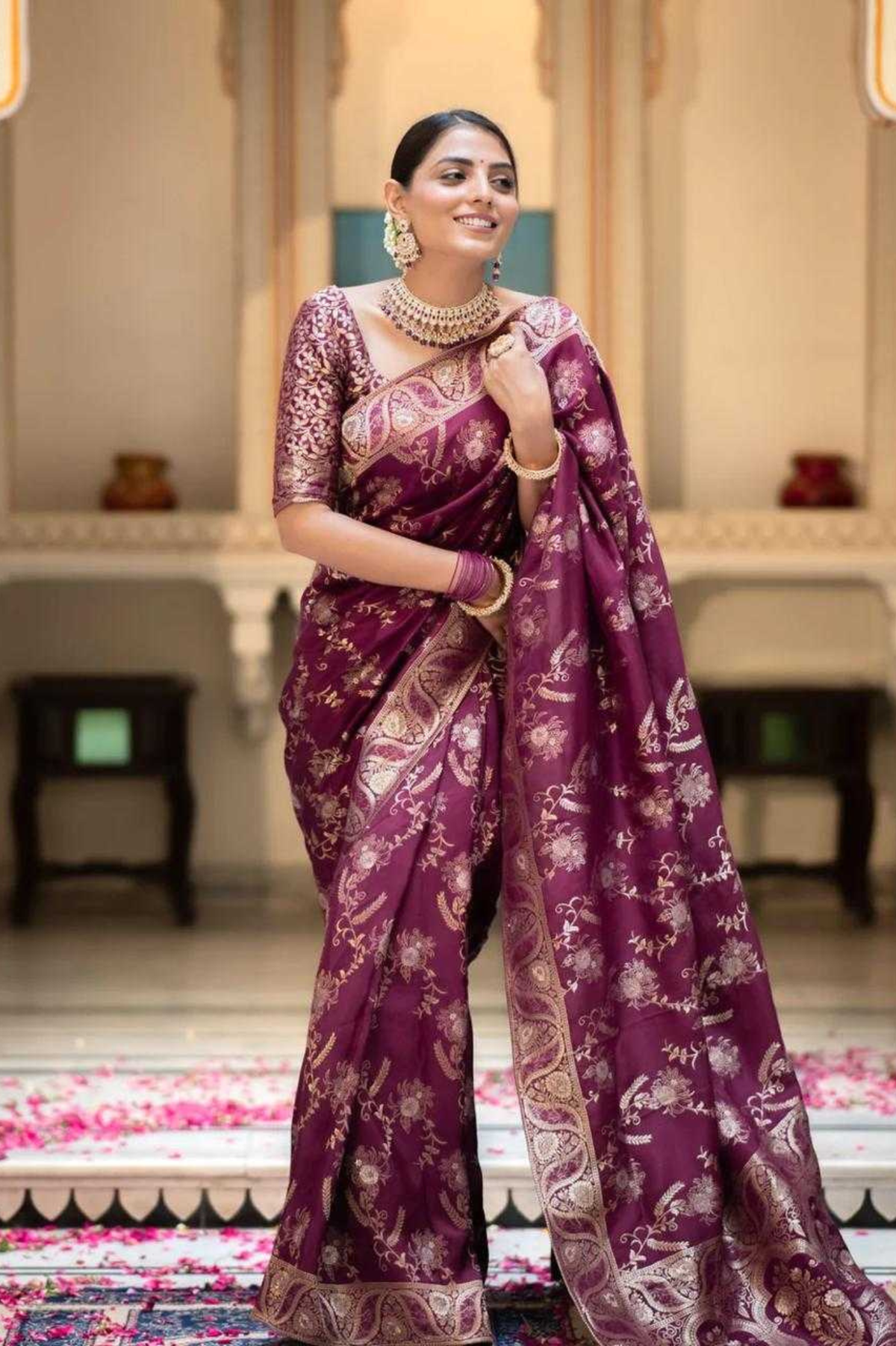 Magenta Kanjivaram Banarasi Silk Saree with Rich Zari Weaving & Jacquard Blouse