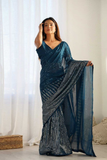 Navy Blue Heavy Chinnon Saree with Mirror Lace and Print Detailing