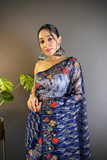 Dark Blue Heavy Butterfly Net Saree with Multicolor Embroidery & Foil Thread Work