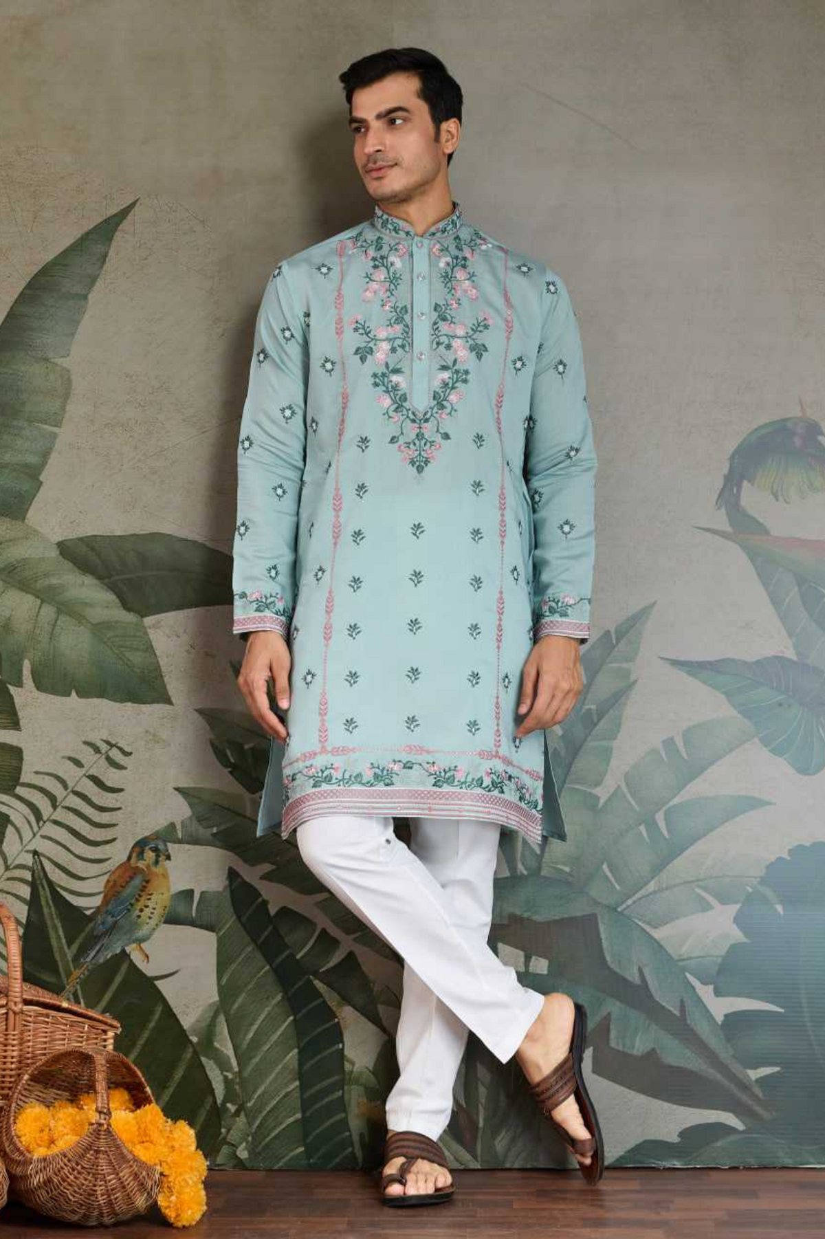 Sky Blue Viscose Silk Embroidered Kurta Set
