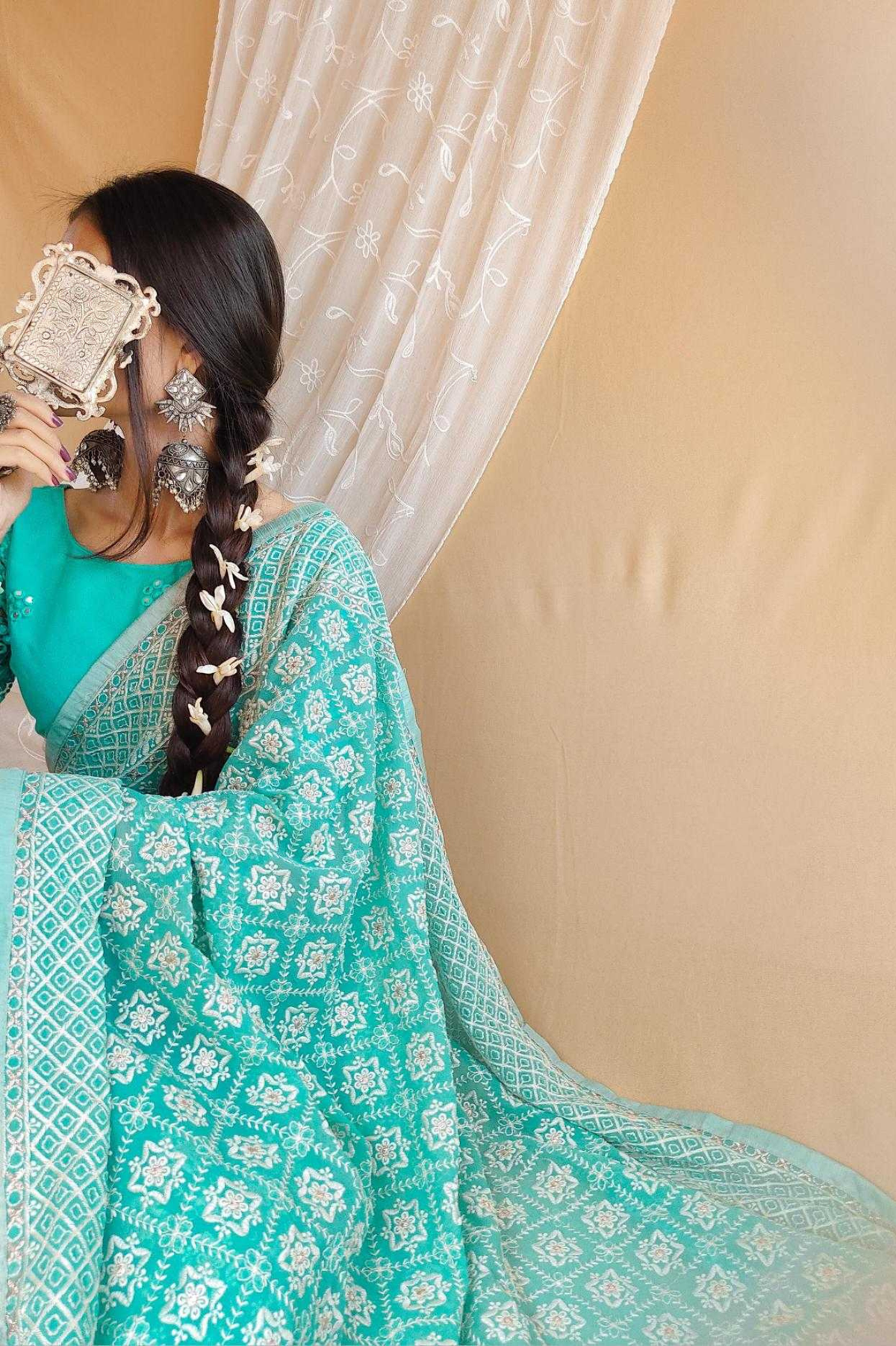 Aqua Blue Lucknowi Embroidered Georgette Saree with Silver Jari Detailing