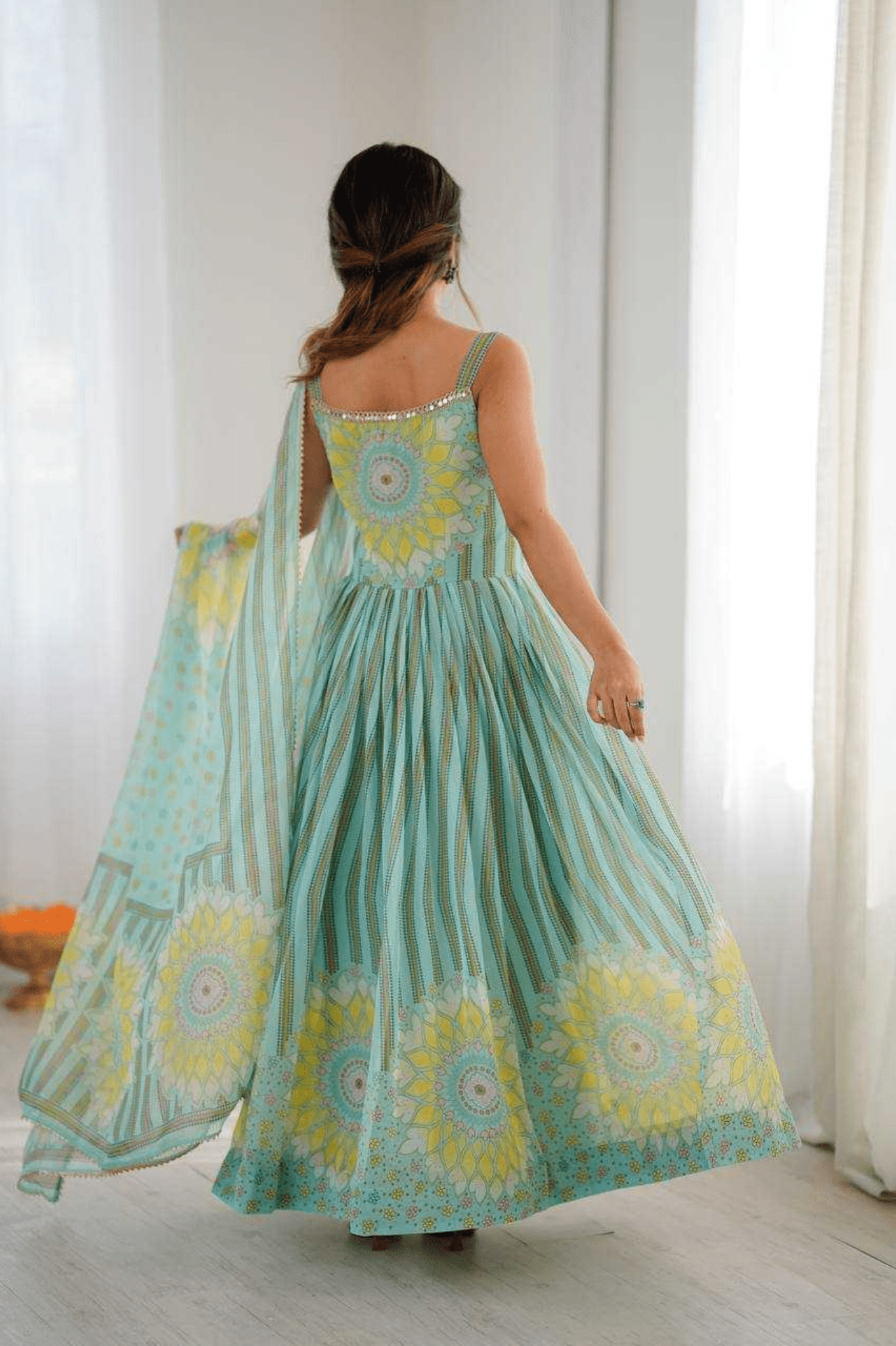 Aqua Blue Sunflower Lehriya Printed Fox Georgette Anarkali Suit Set - kavyo.in