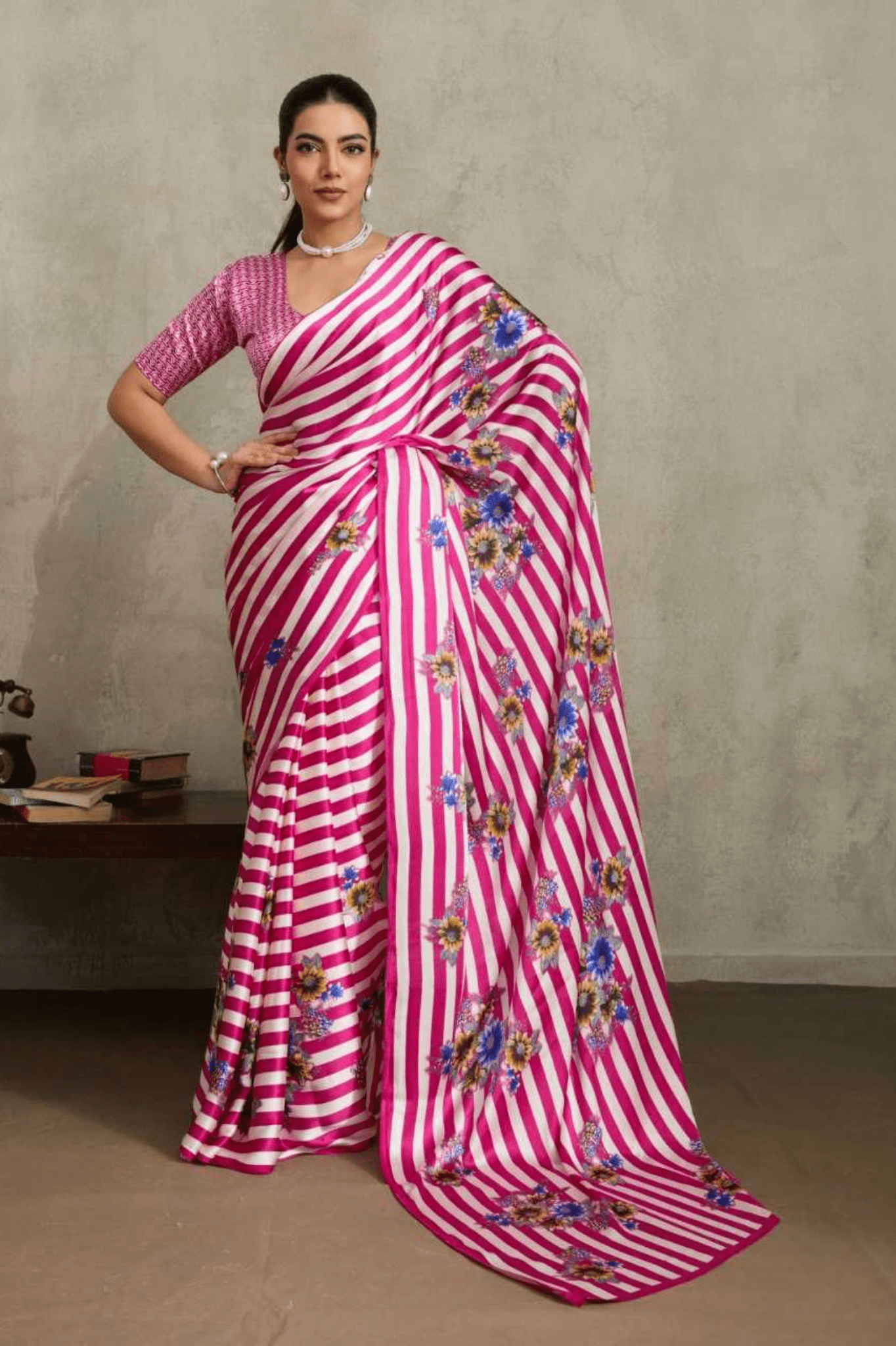 Modern Monochrome Ajrakh Modal Satin Saree - kavyo.in