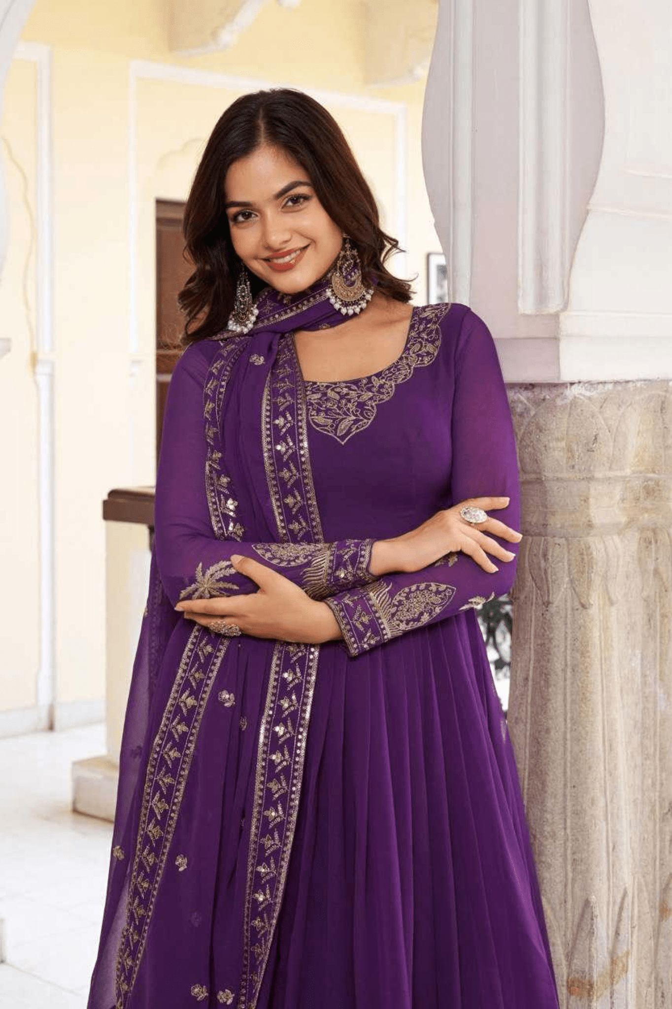Royal Amethyst Faux Georgette Anarkali Gown Set with Dupatta - kavyo.in