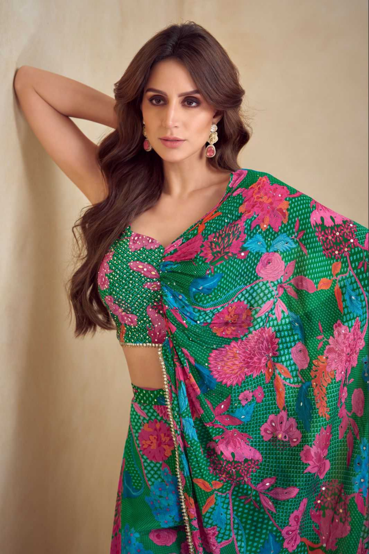 Green Chinon Silk Digital Print Palazzo Set with Shrug