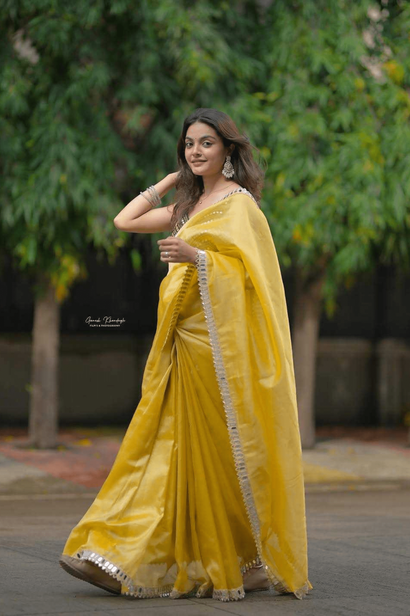 Pure Fandi Satin Silk Saree with Real Mirror Work & Embroidered Blouse - kavyo.in