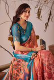 Peach Fern Premium Linen Cotton Floral Print Saree