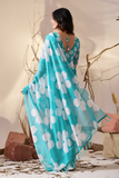Soft Georgette Aqua Blue Saree with Bold White Floral Digital Print & Tassel Pallu