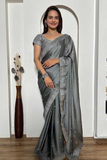 Elegant Grey Rangoli Silk Saree with Sequins & Stone Work