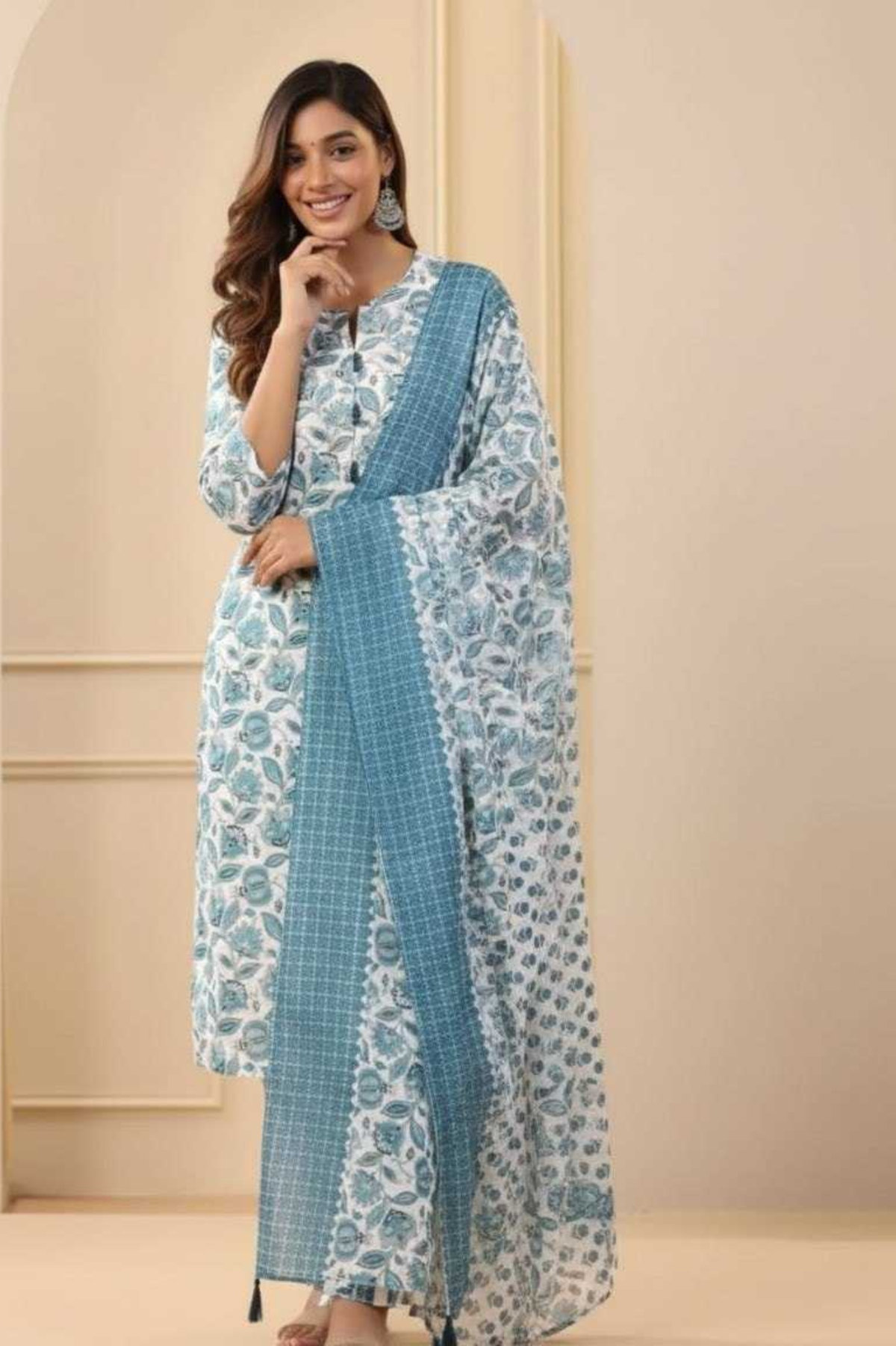 Azure Bloom Printed Cotton Kurta Pant Dupatta Set