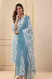 Azure Bloom Printed Cotton Kurta Pant Dupatta Set