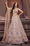 Adorned Biege Net Sequins & Thread Embroidered Bridal Lehenga Set