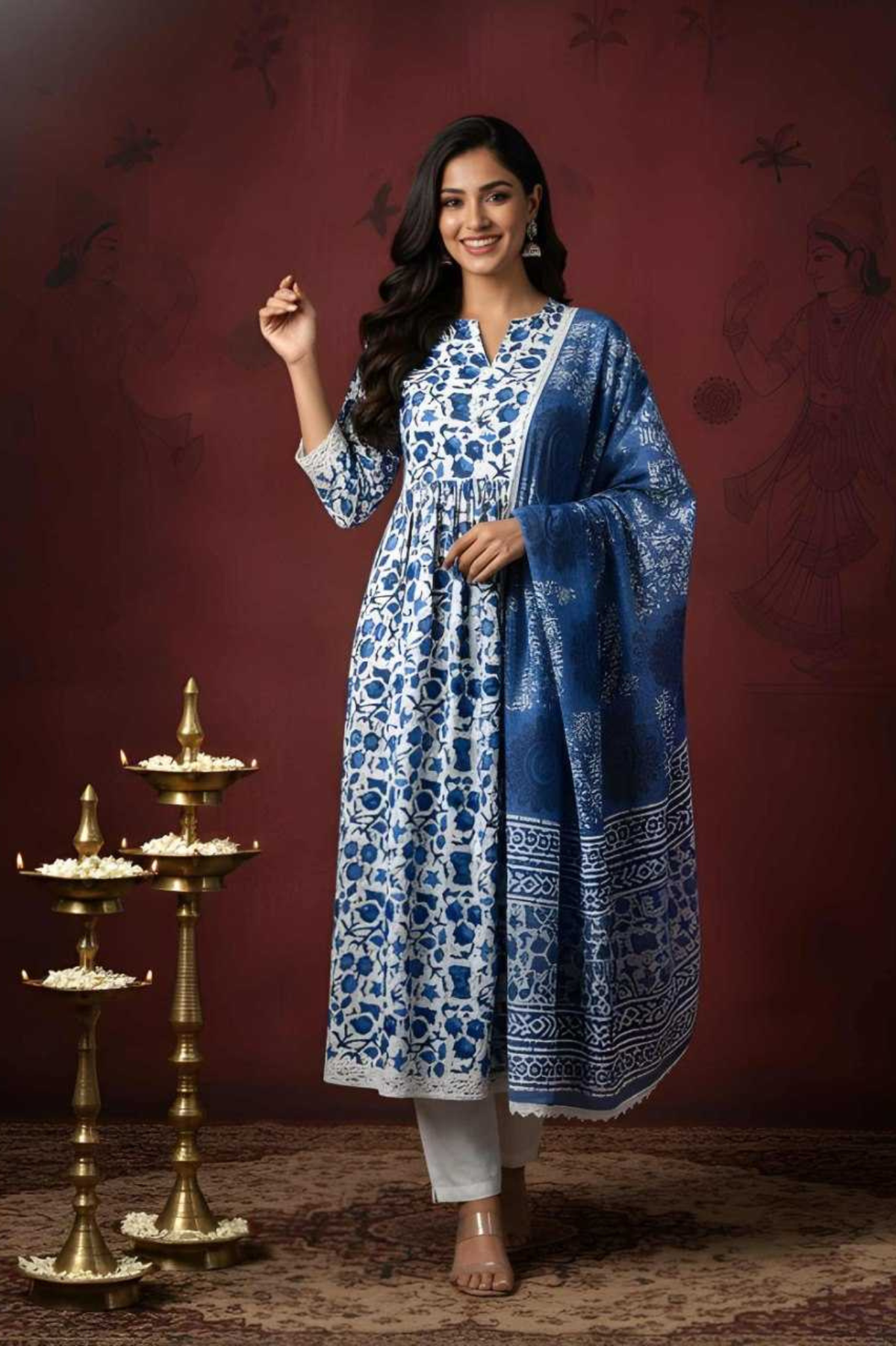 Indigo Heritage Printed Cotton Kurta Pant Dupatta Set