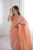 Pure Spun Cotton Peach Saree with Real Mirror Work & Jari Embroidery