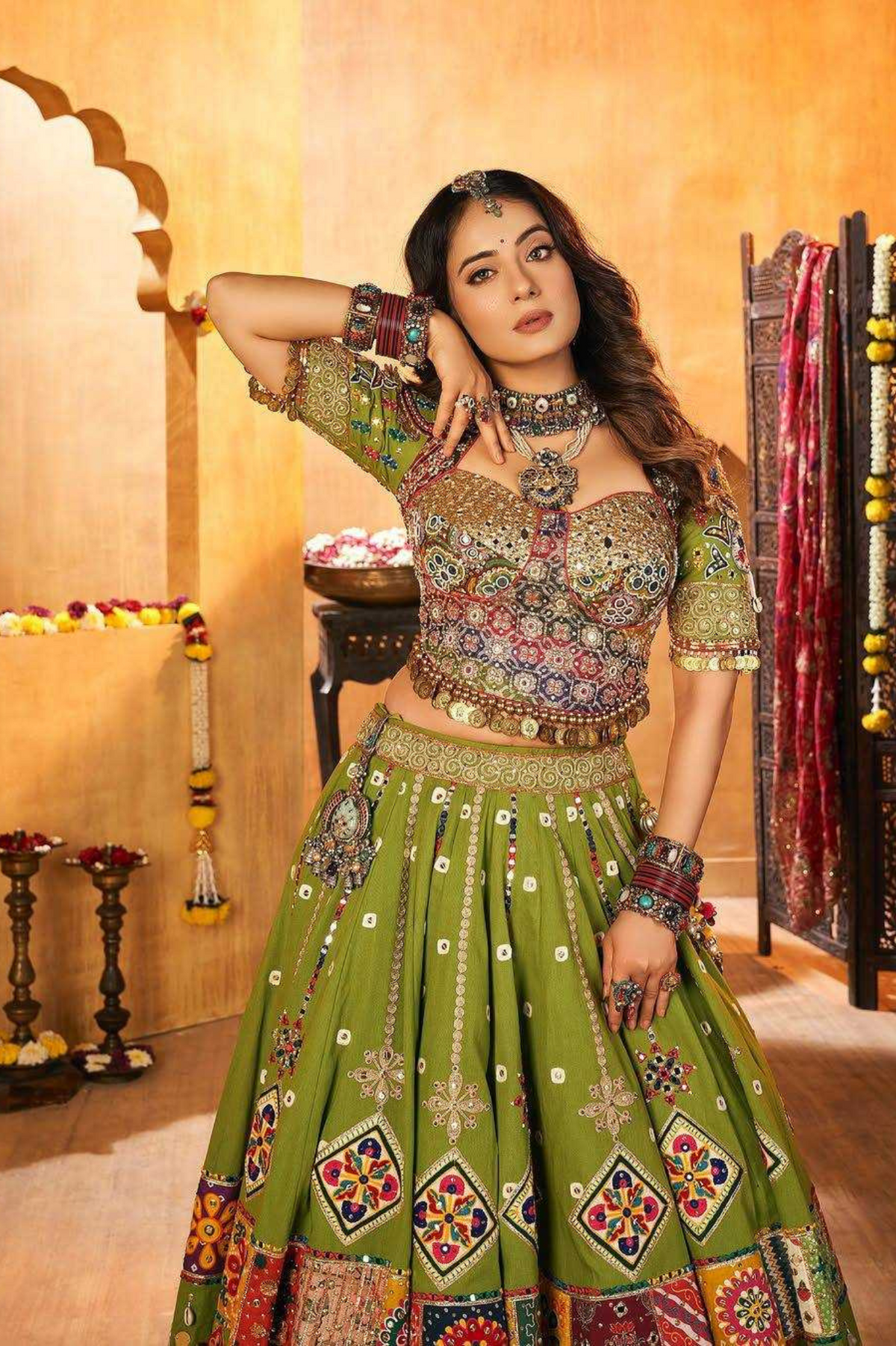 Green Muslin Cotton Navratri Lehenga Choli with Real Mirror & Kodi Work