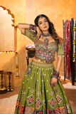 Green Muslin Cotton Navratri Lehenga Choli with Real Mirror & Kodi Work