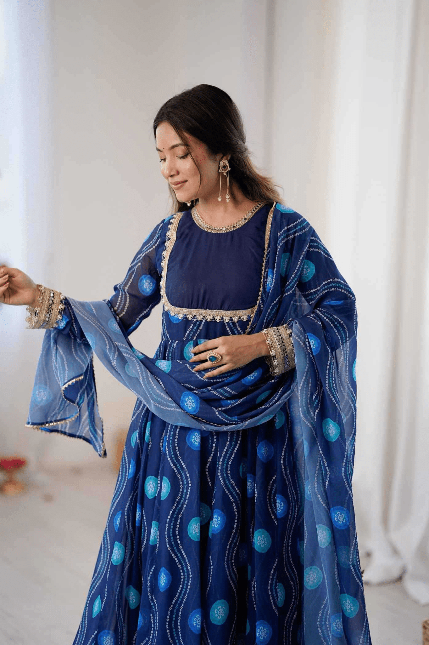 Royal Blue Bandhani Print Fox Georgette Anarkali Gown Set with Dupatta & Pant - kavyo.in