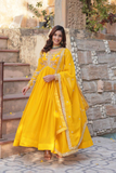 Yellow Faux Blooming Embroidered Zari Sequins Gown with Dupatta