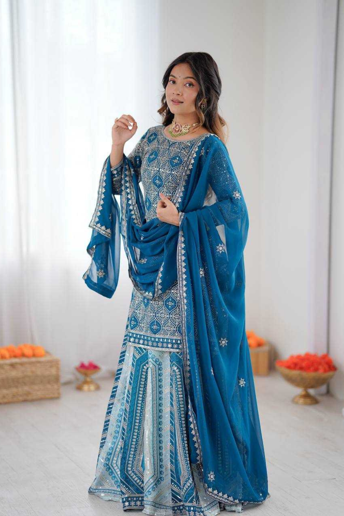 Teal Blue Faux Georgette Embroidered Sharara Set with Dupatta