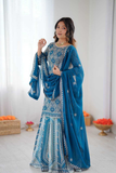 Teal Blue Faux Georgette Embroidered Sharara Set with Dupatta