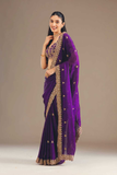 Royal Purple Fandy Chiffon Saree with Heavy Embroidery and Sequin Work